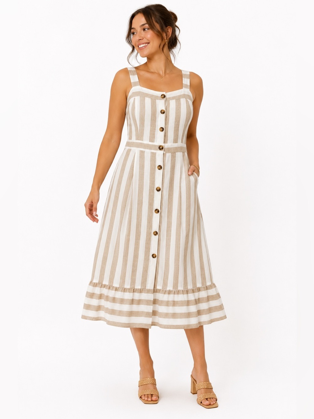 Striped Button-Front Midi Dress in Beige and White